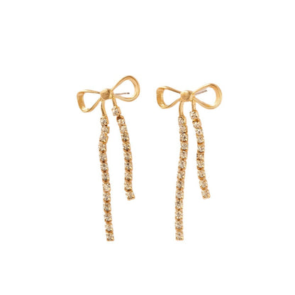 Fashion Temperament And Beautiful Bow Tassel Long Earrings Cold Style High-grade Diamond